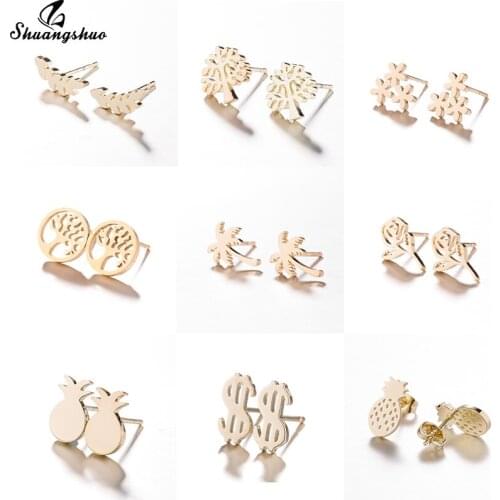 Shuangshuo Stainless Steel Leaf Stud Earrings for Women Cute Minie Life Tree Earings Jewelry Accessories Wedding Party Gifts