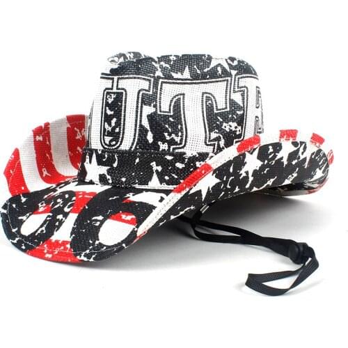 Summer Straw Cowboy Hat Women Men Western Sombrero Hombre Hat With USA American Flag Windproof Rope Sun Hat