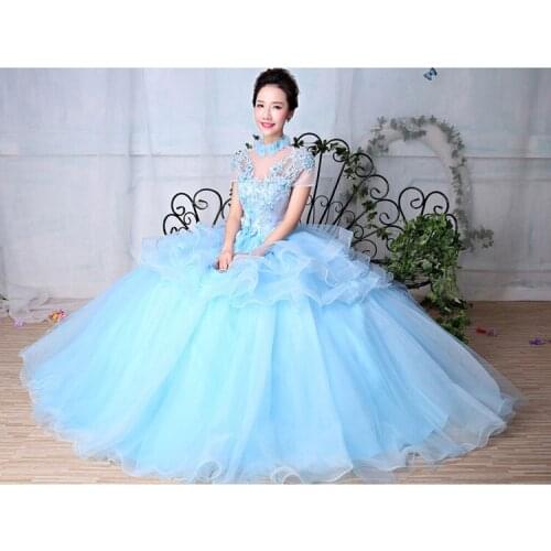 Light blue flowers collar beading petals ball gown princess medieval dress Renaissance gown Victoria cosplay/Marie Belle Ball