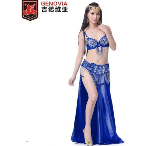 2018 Bollywood Belly Dance Costume Outfits Set Women Sexy Dance Bra Top Belt Hip Scarf Satin Skirt 3pcs Dance Suit 5 Color