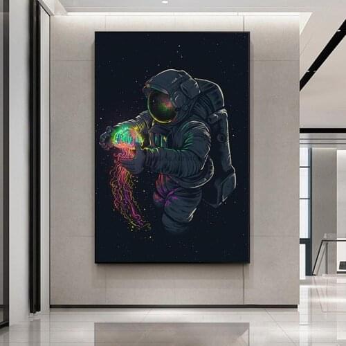 Fun Art Astronaut Playing Jellyfish In Space Canvas Painting Posters and Prints Modern Wall Art Pictures Cuadros for Living Room