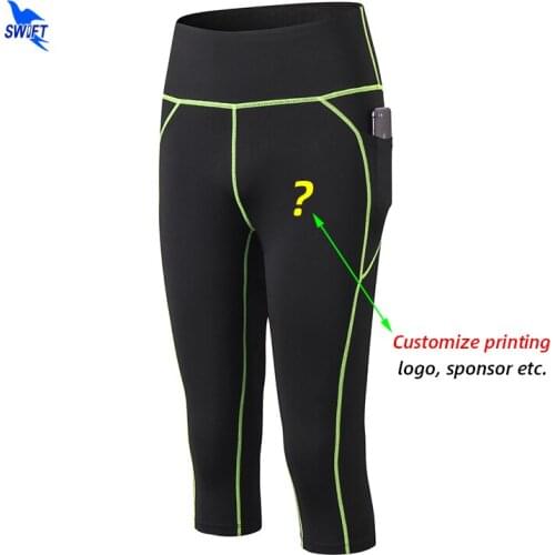 Customize Women Quick Dry Capri Running Tights with Pocket Gym Fitness Stretch Yoga Leggings Sexy Sports Jogging Cropped Pants