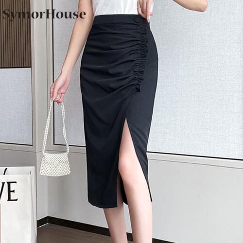 High Waist Ladies Pencil Skirts Black Fashionable irregular Front Side Split Pleated Sexy Wrap Midi Length Womens Skirts New