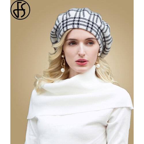 FS Autumn Winter Hats For Women 2020 White Black Plaid Beret Cap French Wool Hat Elegant Lady Beanie Painter Caps Chapeau Femme