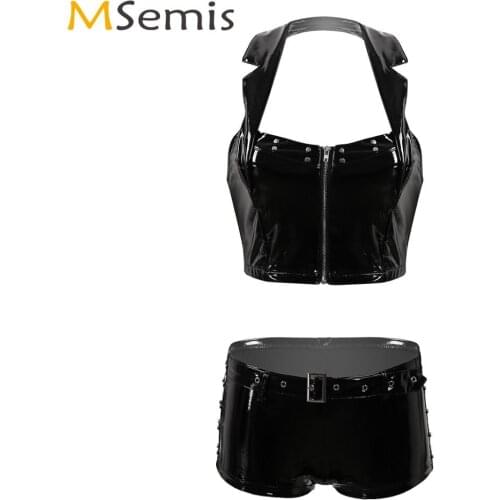 Women Nightclub Wet Look Leather Lingerie Set Lapel Collar Backless Zip Up Crop Top+Hot Mini Booty Pants Sexy Rave Latex Apparel