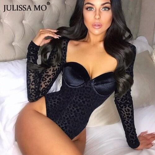 JULISSA MO Leopard Sexy Transparent Mesh Bodysuit Women Long Sleeve Rompers Jumpsuit Female Casual One-pieces Bodysuits Clubwear