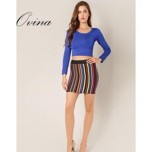 New Women Sets Blue Long Sleeve O-Neck Short Tops Striped Mini Skirts Bodycon Bandage Sets