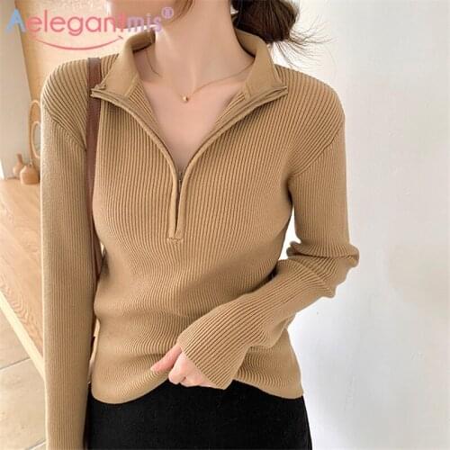 Aelegantmis Korean Zipper Turtleneck Sweater Women Loose Soft Warm Turn Down Collar Pullovers Knited High Quality Jumpers Zip