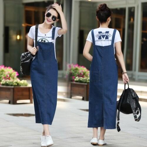 Women Ladies Long Denim Strap Solid Spaghetti Strap Jean Dress Loose Fitting Sleeveless Long Overalls Dungarees New Fashion