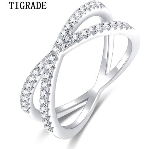 TIGRADE 925 Sterling Silver X Ring Cubic Zirconia Cross Wedding Engagement Party Ring for Women anillos plata 925 para mujer