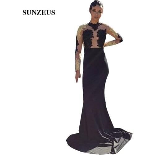 Black And Gold Appliques Prom Dresses Full Sleeves High Neck Sheath Party Gowns Long Women Dress robe de soiree
