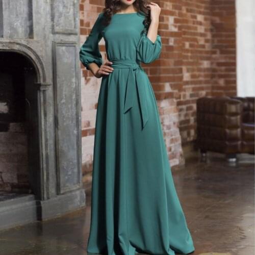 Vintage Maxi Long Dress With Belt Women Lantern Sleeve Elegant Bandage Dress 2021 Autumn Solid O Neck Evening Party Dresses Robe