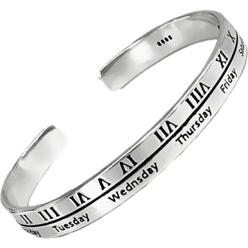 100% 925 Sterling Silver Originality Roman Numerals English Weekly Letter Ladies Open Bangle for Women Jewelry Promotion Gift
