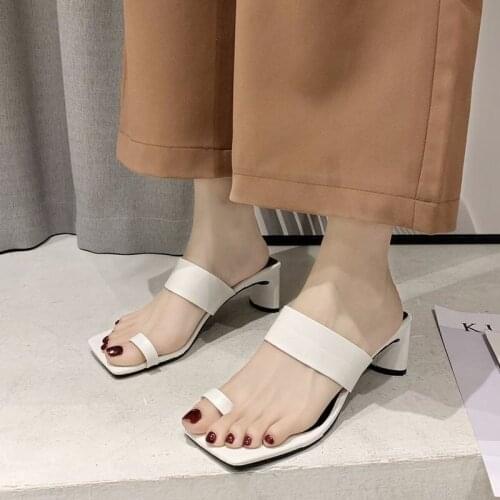 2021 Summer Sandals Slippers Ladies Square Toe Low Heel Ladies Shoes High Heel Ladies Sandals Woman Slippers Size 35-39