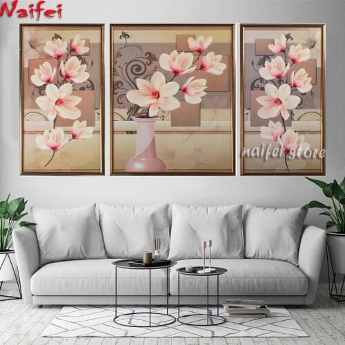 Diamond Painting Still Life Vase Triptych Pink Magnolia Pictures Diamond Mosaic Full Display Home Decor Diamond Embroidery Sale