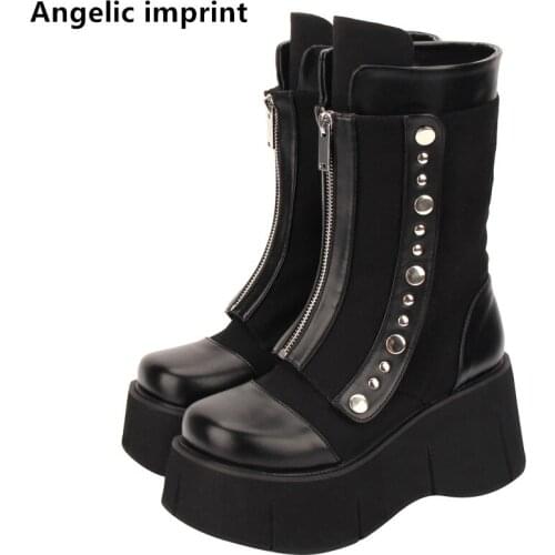 Angelic imprint mori girl Women motorcycle punk boots lady lolita middle Boots woman high heels pumps shoes buckle rivets 33-47