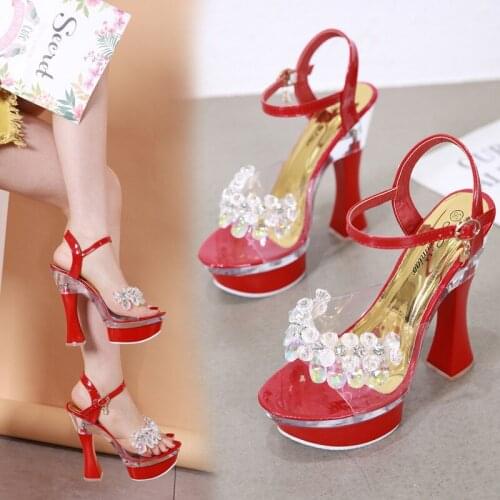 Party Summer New Style Modern Sandals Heels Women 14.5 High Heels Fashion Buckle Strap Sexy String Bead Back Strap Square Heel