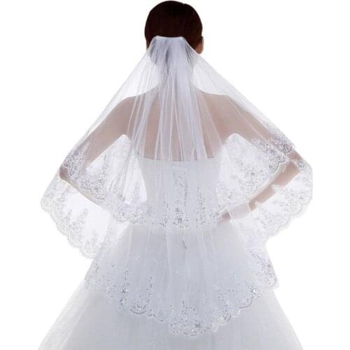 2 Tier Wedding Veil with Comb Scalloped Lace Trim Glitter Sequins Embellished Waterfall Drape Women Bridal Party Hair Accessory