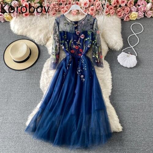 Korobov Flower Embroidery Party Dress Women Gauze Patchwork O Neck Slim Waist Dresses Female See Through New Chic Vestidos Mujer