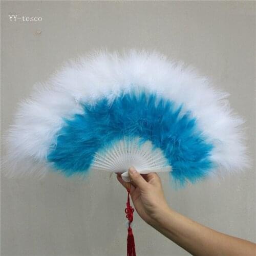 Beautiful blue high quality fluffy feather hand fan dance stage show props wedding party 1pcs Goose feather fan decoration