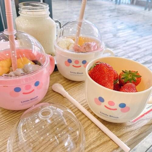 Creative Plastic Bowl Water Bottle With Straw Ins Cute Smile Face Water Cup With Lid Fruit Salad Breakfast Milk Mugs Coffee Cups