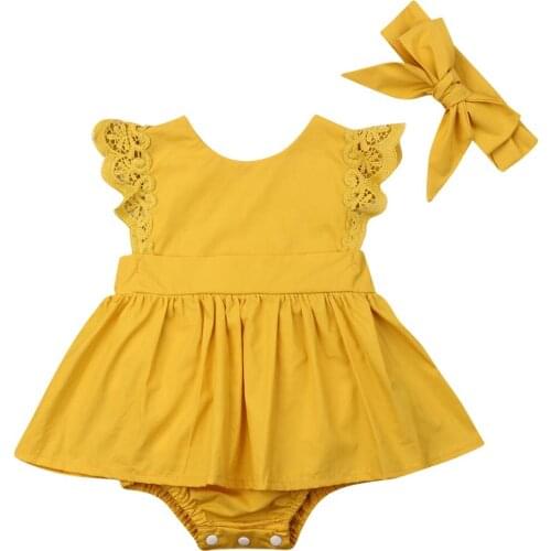 Summer Newborn Baby Girl Clothes Fly-Sleeve Romper Dress Headband Outfit Sunsuit