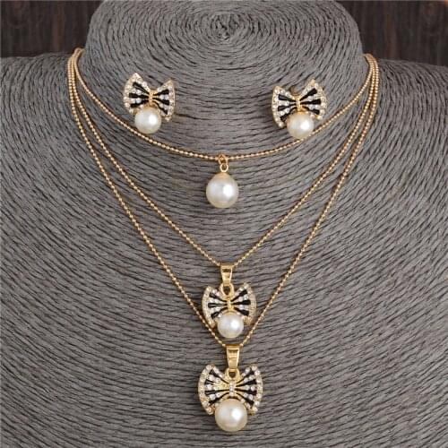 Hot African female costume Simulated Pearl Jewelry set for women Gold Bow Multilayer Chocker Necklace earrings set wedding