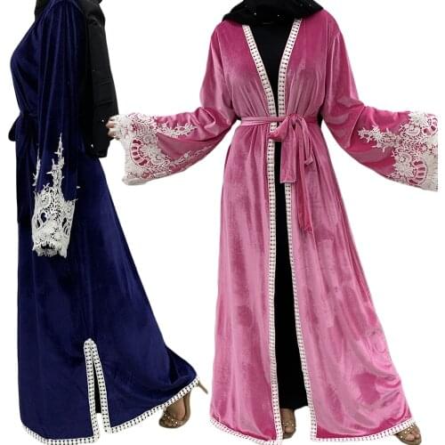 Muslim Women Open Kimono Abaya Arab Jilbab Lace Patchwork Velvet Maxi Robe Gown Ramadan Islamic Clothing Autumn Winter Fashion