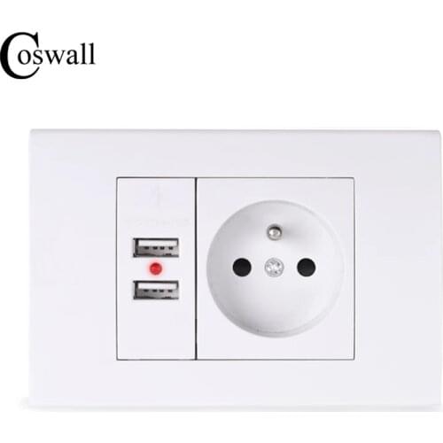 Coswall Wall Power Socket 16A French Standard Electrical Outlet With 1000mA Dual USB Charger Port for Mobile 118mm*80mm