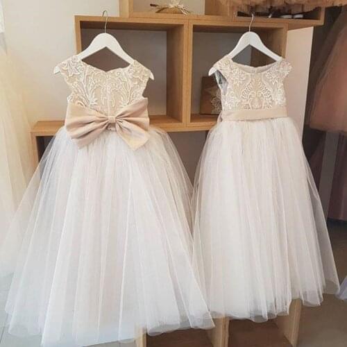 Cheaper Real Flower Girl Dresses for Weddings Lace Champagne Top Puffy Tulle First Communion Dress Size 2-14Y FL024