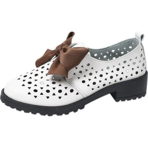 2021 New Spring And Autumn Hollow Bow Low-heeled Round Toe Low-top Womens Single Shoes