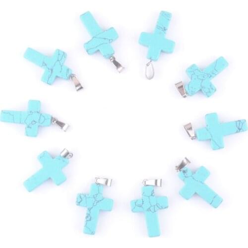 Wholesale 10Pcs/Lot Turquoise Natural Stone Charms Pendants Cross Shaped Dangle Beads QV0053