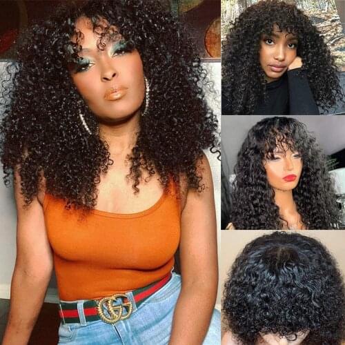 Curly Human Hair Wig Natural Silk Base Headspin With Bangs Pre Plucked 150% For Black Women Brazilian Remy With Baby Hair