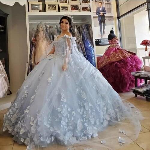 Baby Blue Dreamy Princess Quinceanera Dresses 3D Flowers Appliqued Sequins Lace Up Back Fairy Sweet 16 Gown Vestidos De 15 Años
