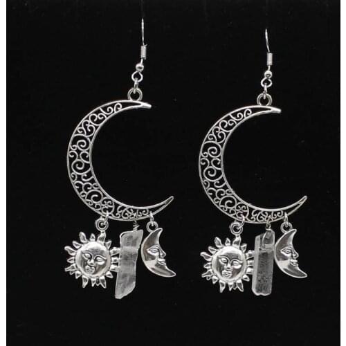 Natural Quartz Crystal Moon Earrings, Crescent Gothic Earrings, Sun Moon Earrings, Bohemian Jewelry Gifts