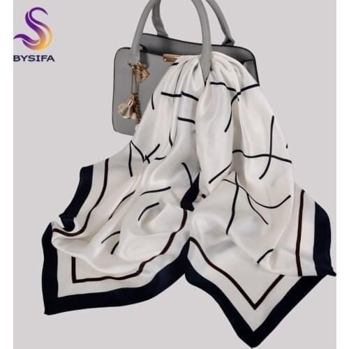 BYSIFA|Grey White Women Pure Silk Scarf 65*65cm Fashion Brand Letters Square Scarves Printed Elegant Ladies Accessories Scarf