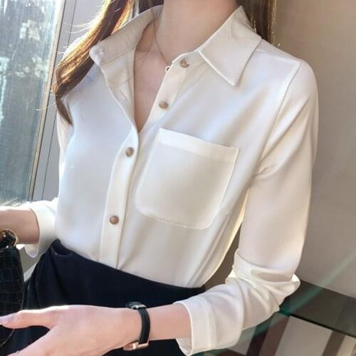 Long Sleeve Pockets Chiffon White Blouse Shirt Tops Blouse Women Blusas Mujer De Moda 2021 Turn Down Collar Office Blouse E227