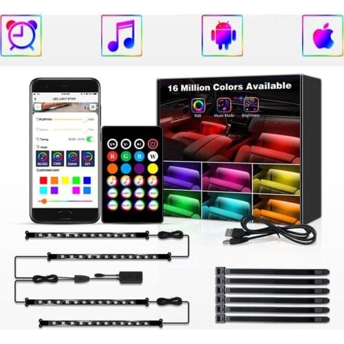 4 In 1 LED Car Interior Decoration Light Strip Bluetooth APP Control RGB Car Atmosphere Ambient Lamp Light USB Charge Waterproof