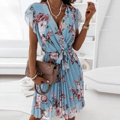 Casual Short Sleeve A-Line Pleated Dress Vestidos Women Elegant Floral Print Ruffle Dress Summer Ladies Sexy V-Neck Party Dress
