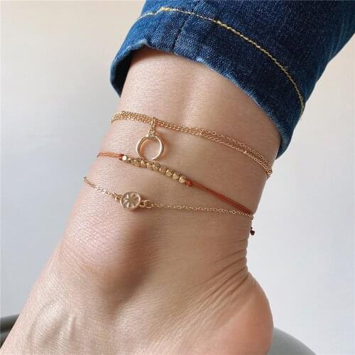 Bohemia Gold Color Metallic Cubic Bead Strand Horn Enamel Star Charm Cord Layered Anklet Bracelet For Women Girl Foot Jewelry