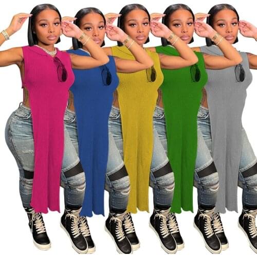 2021 Fashion Women Knitted Hoodies Sexy Sleeveless Long Tops Side Split Pin Outfits Casual Solid Loose Maxi Dress Bodycon Shirt