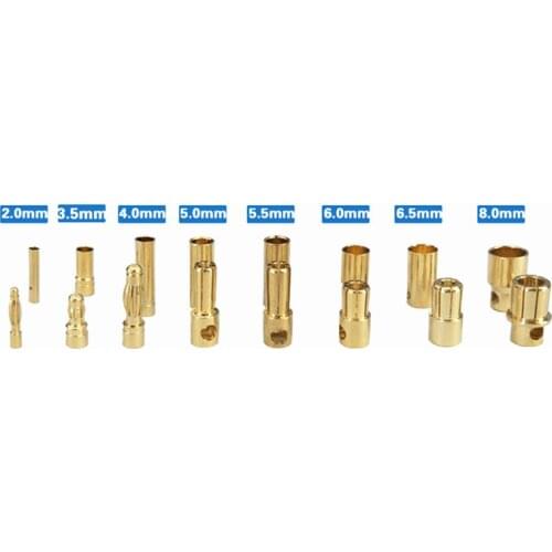 50 Pairs Banana Head 2.0/3.5/4.0/5.0/5.5/6.0/6.5/8.0mm Gold Bullet Banana Connector For ESC/Motor Connector Battery Drone Parts