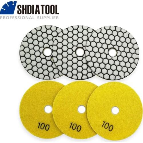SHDIATOOL 6pcs 4"/100mm #100 Diamond Dry Polishing Pads For Granite Marble Ceramic