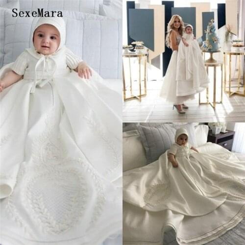 Newborn Toddler Baby Baptism Dresses with Bonnet Christening Gowns Satin kids First Communion Outfit