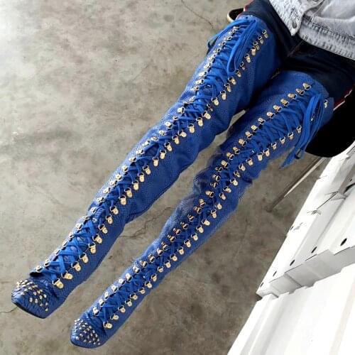BERZIMER Women Thigh High Boots Crocodile leather Heels Over Knee Boots Rivet Party Zapatos Mujer Shoes Woman Large Size 44 47