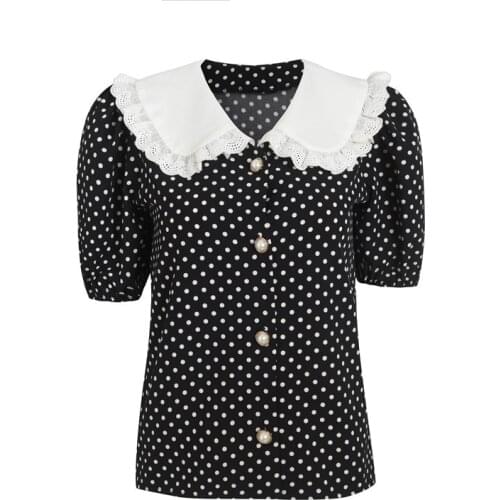 Retro Puff Sleeve Elegant Ladies Top Blouses Women Summer Lace Doll Collar Chiffon Black Loose Polka Dot Button Shirt Clothes