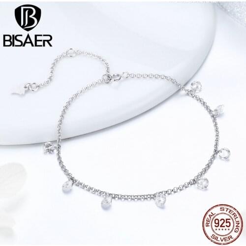 BISAER 925 Sterling Silver Chain Link Simple Geometric CZ Femme Bracelets Bangles for Women Pulseira Silver 925 Jewelry ECB103