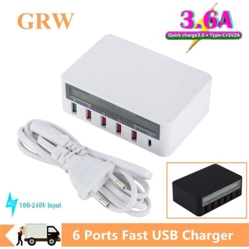 Grwibeou 6 Ports Fast USB Charger Station Led Display Quick Charging Desktop Power Adapter with Type C Port 3.0 Charger QC Port