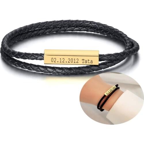 Double Layers Genuine Leather Braid Bracelet Custom Date Name Buckle Steel Bangle for Men Women Fashion Gift