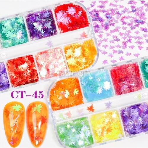 12 Colors/Box Holographic Autumn Maple Leaf Starry Nail Glitter Sequins Beautiful Nail Art Paillette Decal Manicure Tips Set